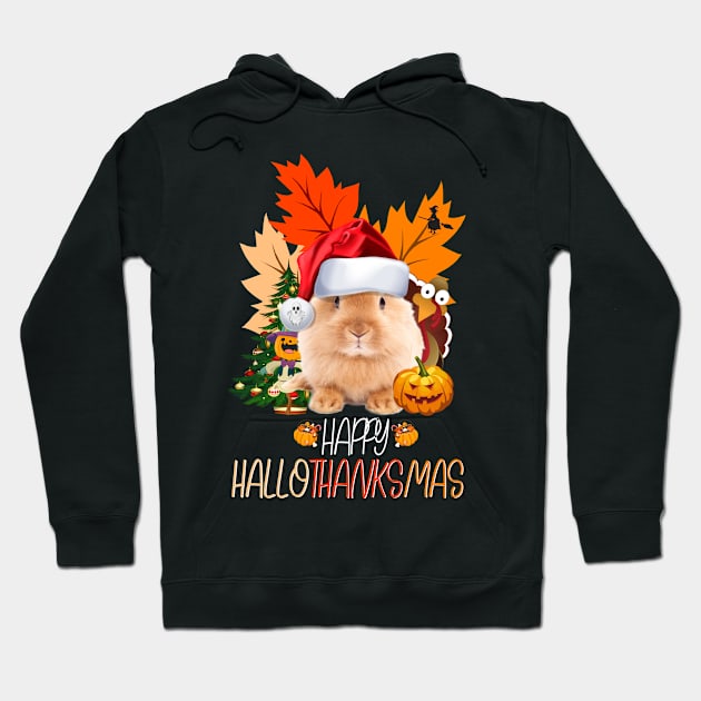 Happy Hallothanksmas Rabbit  Halloween Thanksgiving Christmas Hoodie by dounjdesigner